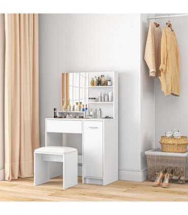 HOMCOM Dressing Table and Stool Set, with Storage - White