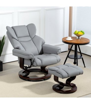 HOMCOM PU Leather Manual Reclining Armchair Footstool Padded Seat Light Grey