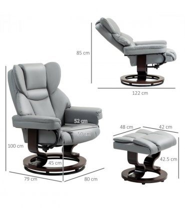 HOMCOM PU Leather Manual Reclining Armchair Footstool Padded Seat Light Grey