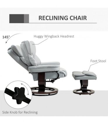HOMCOM PU Leather Manual Reclining Armchair Footstool Padded Seat Light Grey