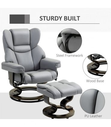 HOMCOM PU Leather Manual Reclining Armchair Footstool Padded Seat Light Grey