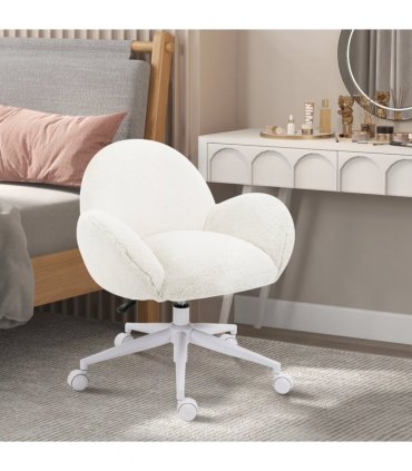 HOMCOM Fluffy Leisure Chair Office Chair with Backrest Wheels Cream White