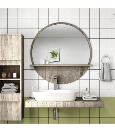 kleankin Round Mirror for Wall Makeup Mirror with Shelf Grey Wood Effect
