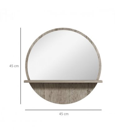 kleankin Round Mirror for Wall Makeup Mirror with Shelf Grey Wood Effect