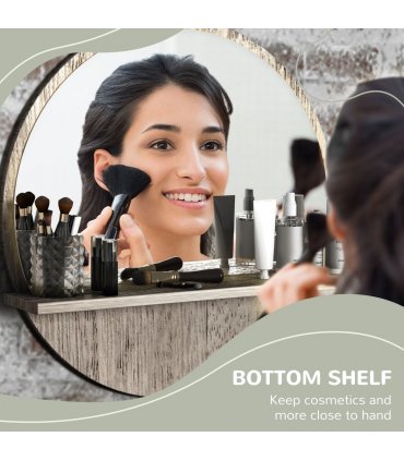 kleankin Round Mirror for Wall Makeup Mirror with Shelf Grey Wood Effect