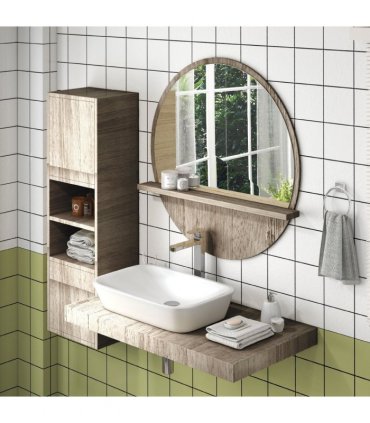 kleankin Round Mirror for Wall Makeup Mirror with Shelf Grey Wood Effect