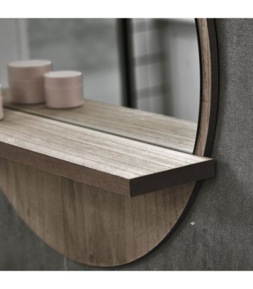 kleankin Round Mirror for Wall Makeup Mirror with Shelf Grey Wood Effect