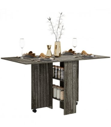 HOMCOM Mobile Drop Leaf Dining Table Folding Desk w/ 2 wheels Storage Shelves