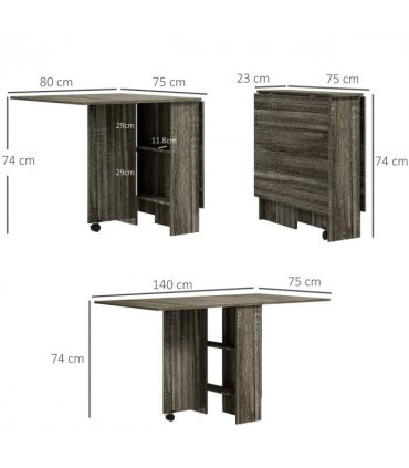 HOMCOM Mobile Drop Leaf Dining Table Folding Desk w/ 2 wheels Storage Shelves