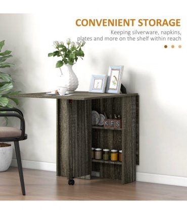 HOMCOM Mobile Drop Leaf Dining Table Folding Desk w/ 2 wheels Storage Shelves