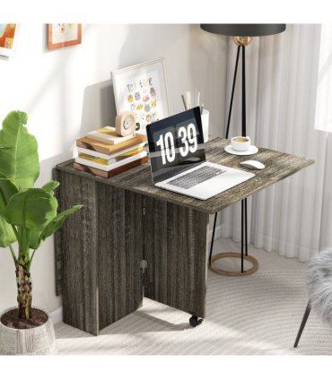 HOMCOM Mobile Drop Leaf Dining Table Folding Desk w/ 2 wheels Storage Shelves