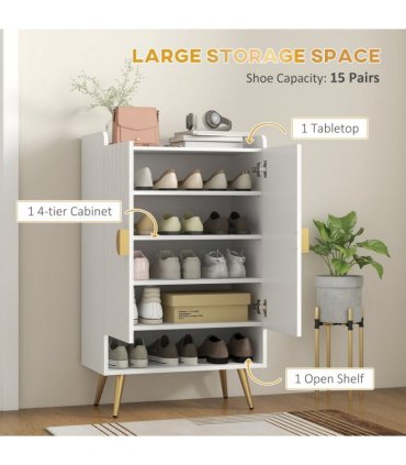 HOMCOM Modern Shoe Cabinet with 2 Doors, Open Shelf and Adjustable Shelves, 15 Pair Hallway Shoe Cupboard, Entryway Storage Unit, White