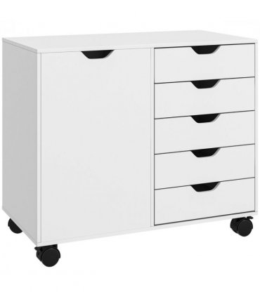 HOMCOM Modern Mobile 5-Drawer Cabinet w/ Door, Office Storage Cabinet White