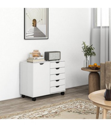 HOMCOM Modern Mobile 5-Drawer Cabinet w/ Door, Office Storage Cabinet White