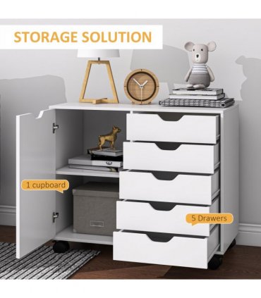 HOMCOM Modern Mobile 5-Drawer Cabinet w/ Door, Office Storage Cabinet White