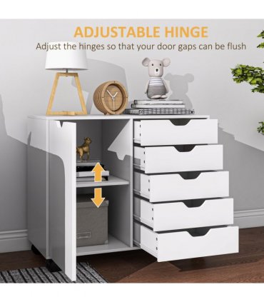 HOMCOM Modern Mobile 5-Drawer Cabinet w/ Door, Office Storage Cabinet White