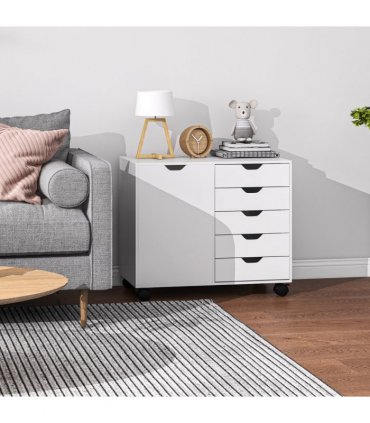 HOMCOM Modern Mobile 5-Drawer Cabinet w/ Door, Office Storage Cabinet White