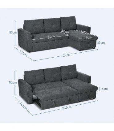 HOMCOM 3 Seater Sofa Bed, Convertible Pull Out Sofa with Storage, Dark Grey