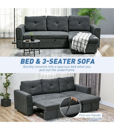 HOMCOM 3 Seater Sofa Bed, Convertible Pull Out Sofa with Storage, Dark Grey
