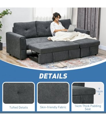 HOMCOM 3 Seater Sofa Bed, Convertible Pull Out Sofa with Storage, Dark Grey