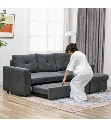 HOMCOM 3 Seater Sofa Bed, Convertible Pull Out Sofa with Storage, Dark Grey