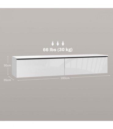 HOMCOM 160cm High Gloss Floating TV Unit Stand for TVs up to 70", Wall Mounted TV Cabinet with Storage Cupboards, White