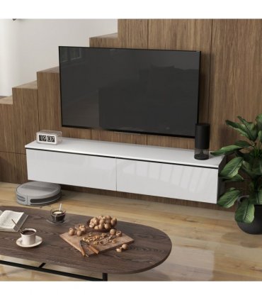 HOMCOM 160cm High Gloss Floating TV Unit Stand for TVs up to 70", Wall Mounted TV Cabinet with Storage Cupboards, White