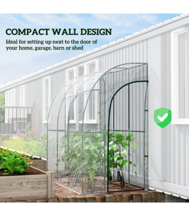 Outsunny 214x118x212cm Walk-In Lean to Wall Tunnel Plastic Greenhouse with Doors
