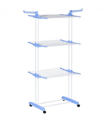 HOMCOM Foldable Clothes Drying Rack Steel Garment Dryer with Casters Blue