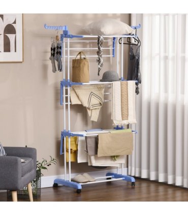 HOMCOM Foldable Clothes Drying Rack Steel Garment Dryer with Casters Blue