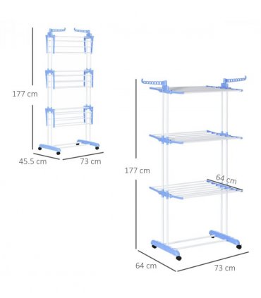 HOMCOM Foldable Clothes Drying Rack Steel Garment Dryer with Casters Blue