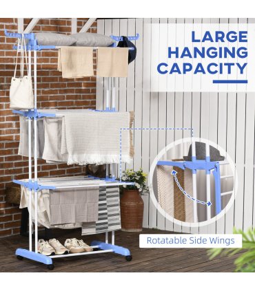 HOMCOM Foldable Clothes Drying Rack Steel Garment Dryer with Casters Blue