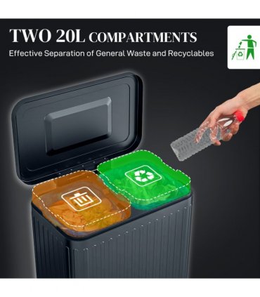 HOMCOM 2 x 20L Double Rubbish Bin, Pedal Bin with Soft-Close Lid, Black