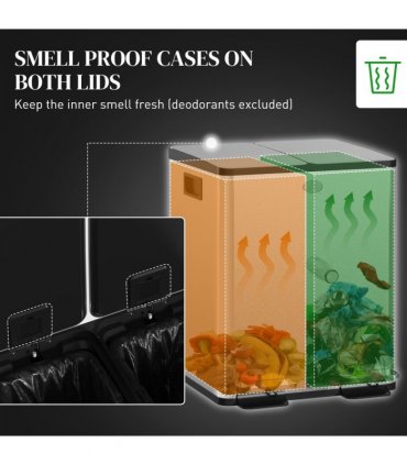 HOMCOM 40L Dual Compartment Stainless Steel Bin, with Deodoriser Holders - Silver Tone
