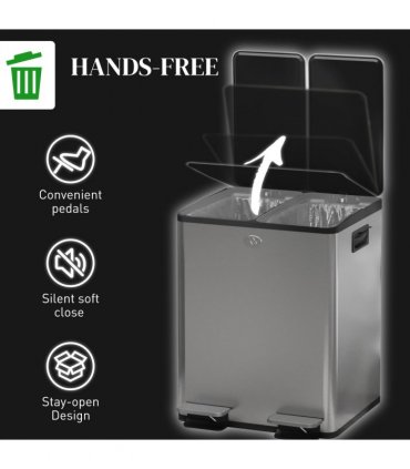 HOMCOM 40L Dual Compartment Stainless Steel Bin, with Deodoriser Holders - Silver Tone