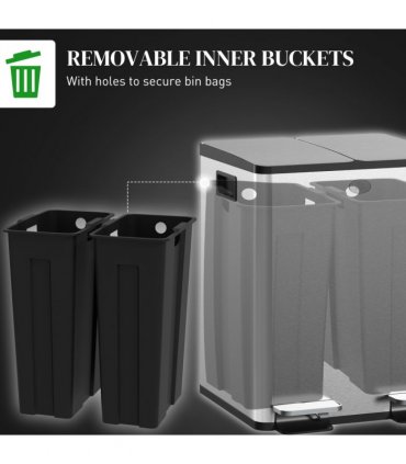 HOMCOM 40L Dual Compartment Stainless Steel Bin, with Deodoriser Holders - Silver Tone