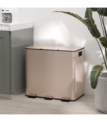 HOMCOM 3 x 15L Triple Kitchen Bin Pedal Bin for Recycling and Waste, Gold Tone