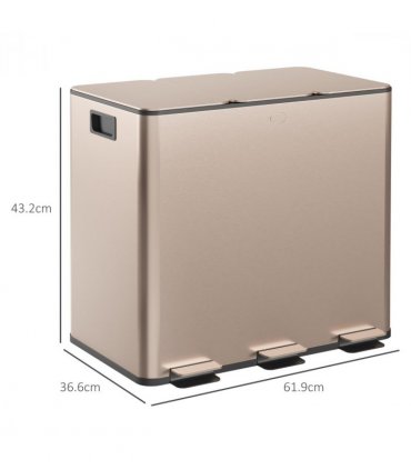HOMCOM 3 x 15L Triple Kitchen Bin Pedal Bin for Recycling and Waste, Gold Tone