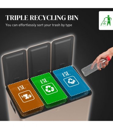 HOMCOM 3 x 15L Triple Kitchen Bin Pedal Bin for Recycling and Waste, Gold Tone