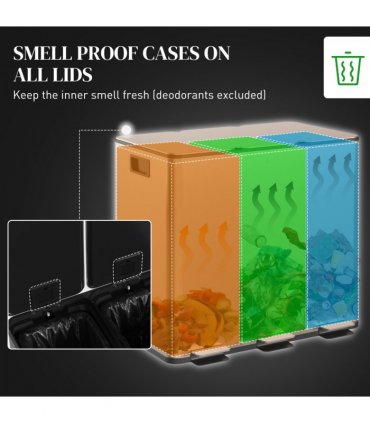 HOMCOM 3 x 15L Triple Kitchen Bin Pedal Bin for Recycling and Waste, Gold Tone