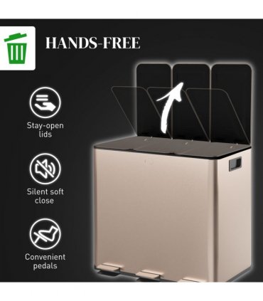 HOMCOM 3 x 15L Triple Kitchen Bin Pedal Bin for Recycling and Waste, Gold Tone