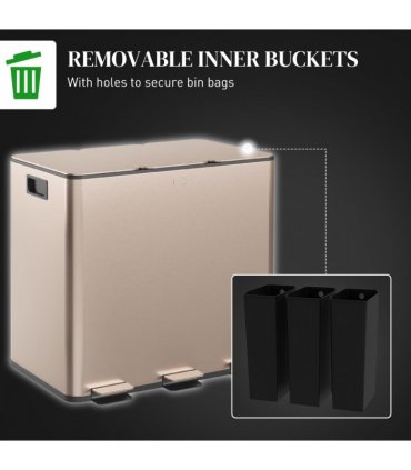 HOMCOM 3 x 15L Triple Kitchen Bin Pedal Bin for Recycling and Waste, Gold Tone