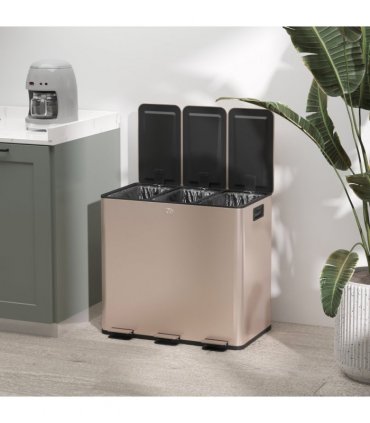 HOMCOM 3 x 15L Triple Kitchen Bin Pedal Bin for Recycling and Waste, Gold Tone