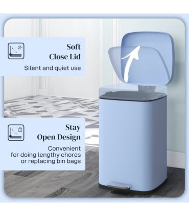 HOMCOM 20L Kitchen Pedal Bin, Metal Rubbish Bin with Soft-close Lid, Light Blue