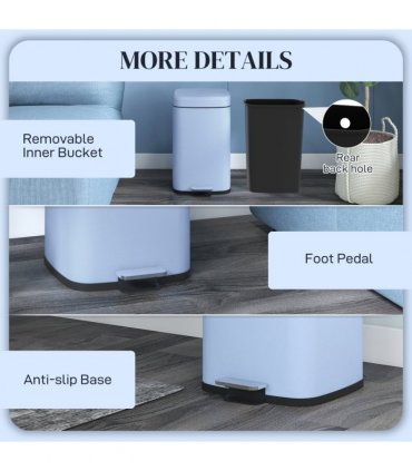 HOMCOM 20L Kitchen Pedal Bin, Metal Rubbish Bin with Soft-close Lid, Light Blue