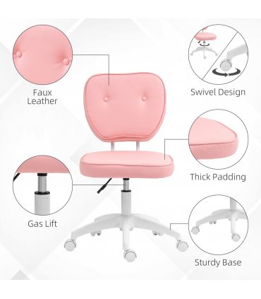 Vinsetto Vanity Office Chair, PU Leather Computer Chair for Home, with Adjustable Height, Armless, Swivel Wheels, Pink