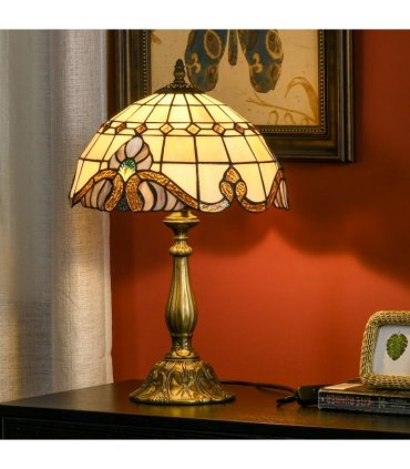 HOMCOM Tiffany Stained Glass Table Lamp, Handmade Antique Bedside Lamp, Decorative Night Light for Bedroom, Living room, Home, Nightstand