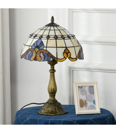 HOMCOM Tiffany Stained Glass Table Lamp, Handmade Antique Bedside Lamp, Decorative Night Light for Bedroom, Living room, Home, Nightstand