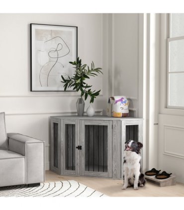 PawHut Dog Crate Furniture for Large Dogs w/ Cushion, Door - Grey