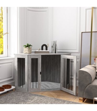 PawHut Dog Crate Furniture for Large Dogs w/ Cushion, Door - Grey